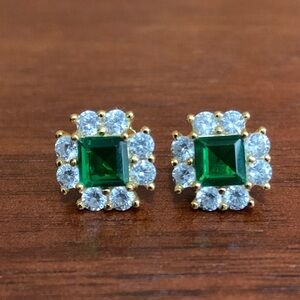 Gold plated 925 silver green and clear stone stud earrings